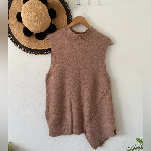 🍂 Brochu Walker Freya Wool Blend Tan Sleeveless Mockneck Asymmetrical Sweater 🍂