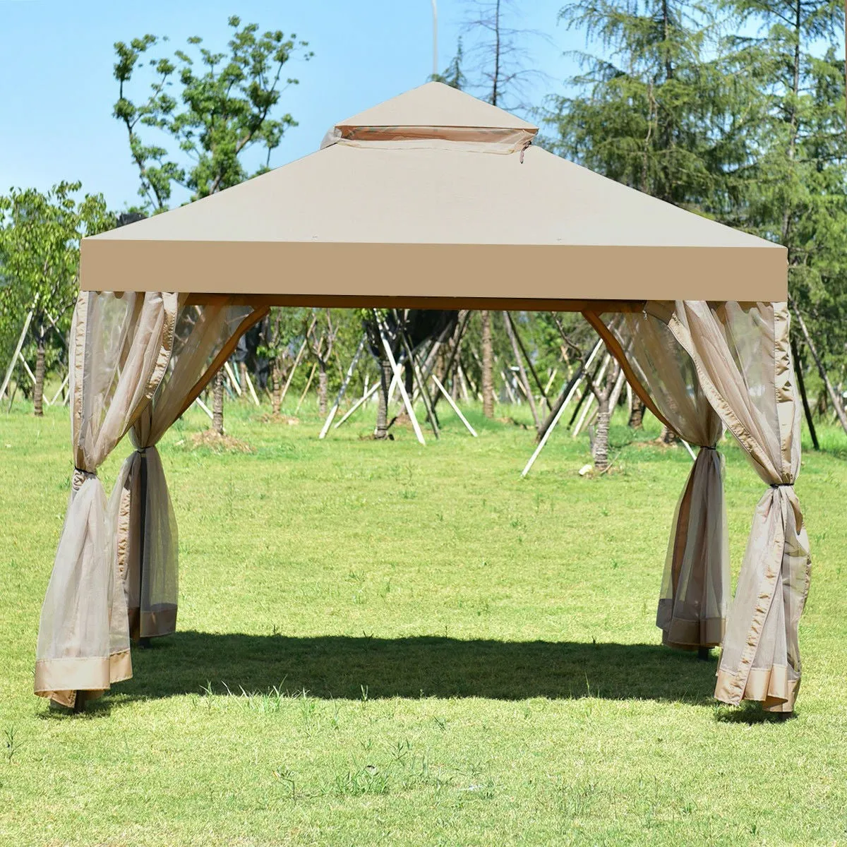 10ft x 10ft Steel Gazebo Canopy with Mosquito Netting Tan/Brown