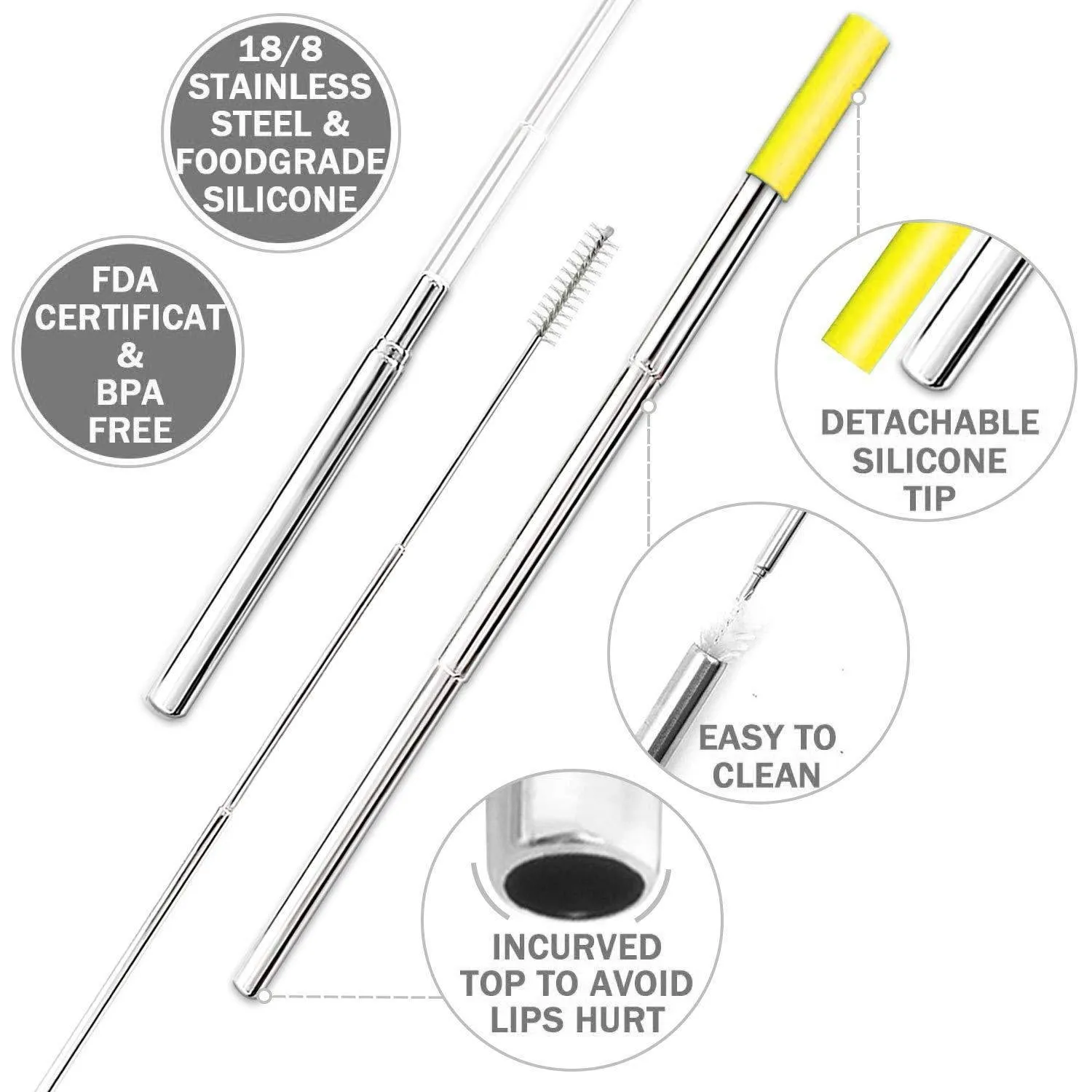 2 Pack longzon Collapsible Stainless Steel Metal Straws with case - Reusable, Portable, Foldable, Telescopic Metal Drinking Straws with 2 Aluminum Keychain & 2 Cleaning Brushes for Travel, Home