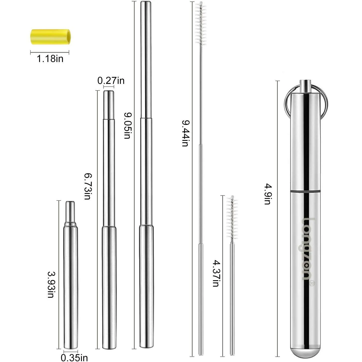 2 Pack longzon Collapsible Stainless Steel Metal Straws with case - Reusable, Portable, Foldable, Telescopic Metal Drinking Straws with 2 Aluminum Keychain & 2 Cleaning Brushes for Travel, Home