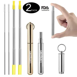 2 Pack longzon Collapsible Stainless Steel Metal Straws with case - Reusable, Portable, Foldable, Telescopic Metal Drinking Straws with 2 Aluminum Keychain & 2 Cleaning Brushes for Travel, Home