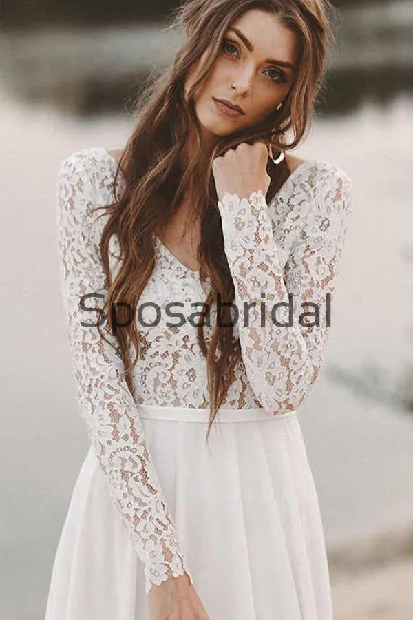 A-line Long Sleeves Chiffon Lace Vintage Long Wedding Dresses WD0536
