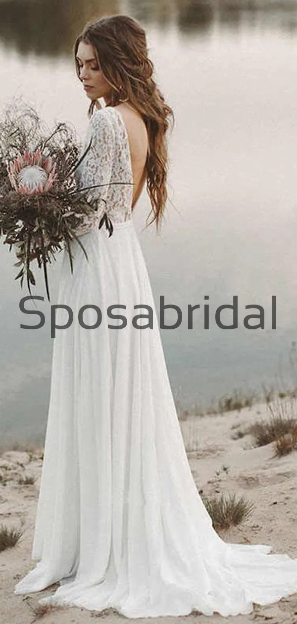A-line Long Sleeves Chiffon Lace Vintage Long Wedding Dresses WD0536