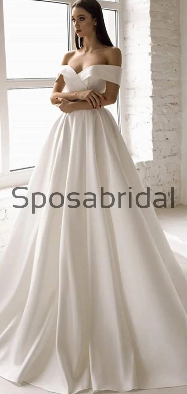 A-line Off the Shoulder Satin Vintage Simple Wedding Dresses WD0407