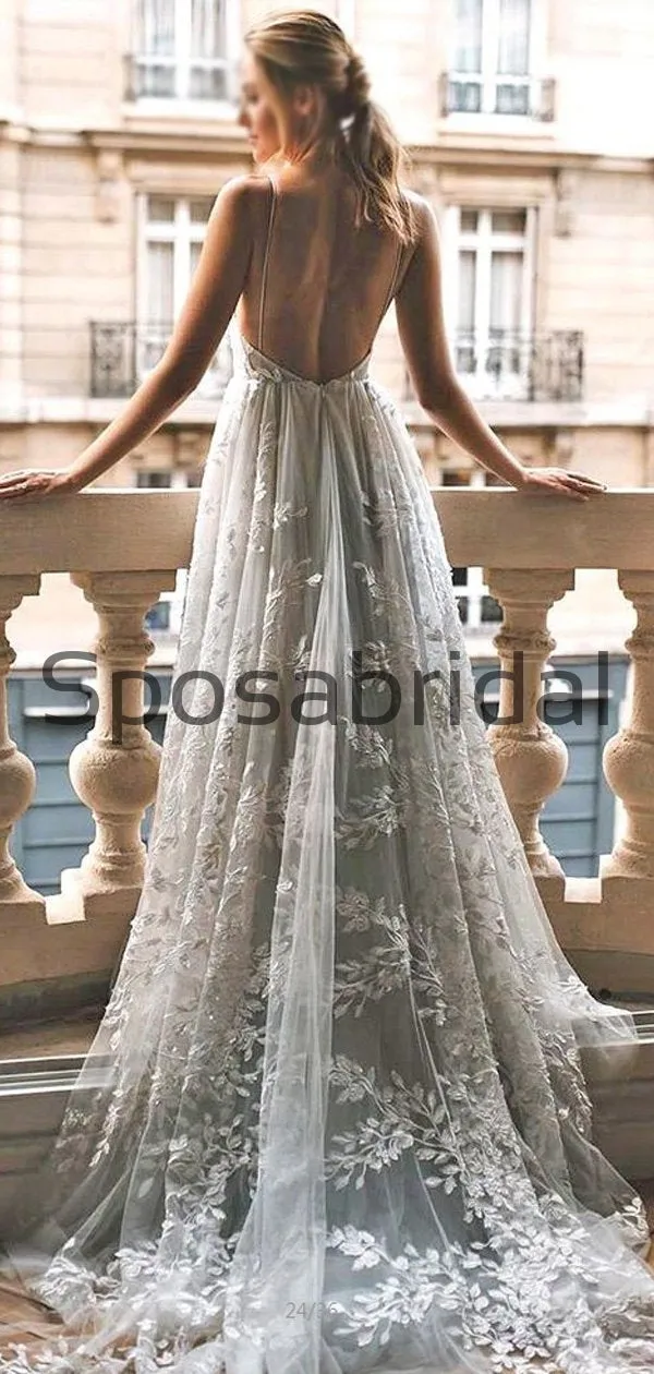 A-line Unique Lace Spaghetti Straps Long Vintage Princess Wedding Dresses WD0366