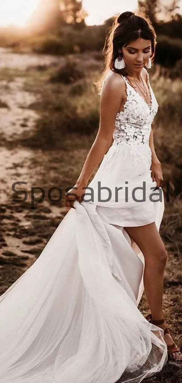 A-line V-Neck Lace Beach Long Modest Wedding Dresses WD0540
