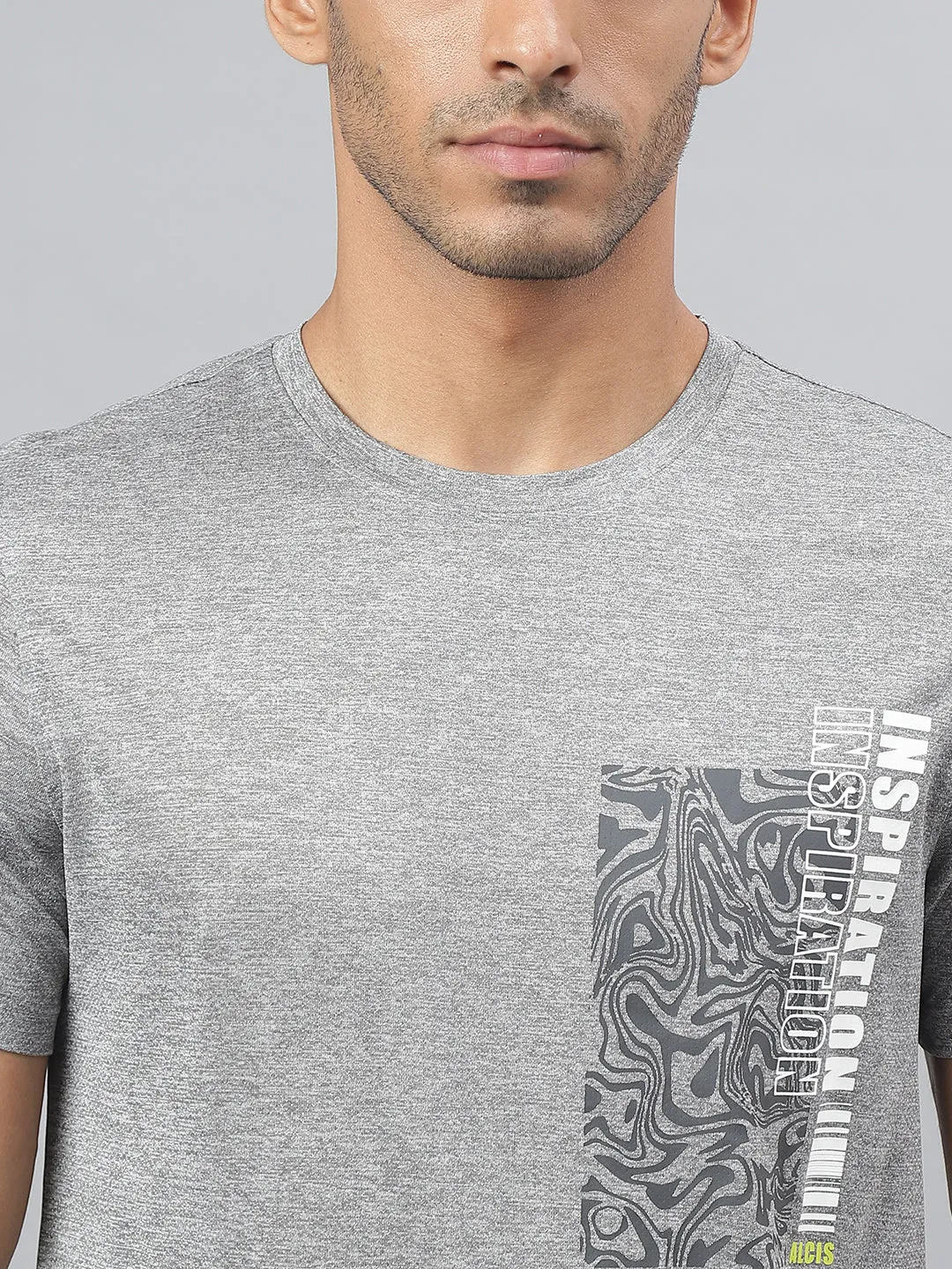 Alcis Men Printed Grey Cationic Anti-Static Slim-Fit Round Neck Training T-Shirt