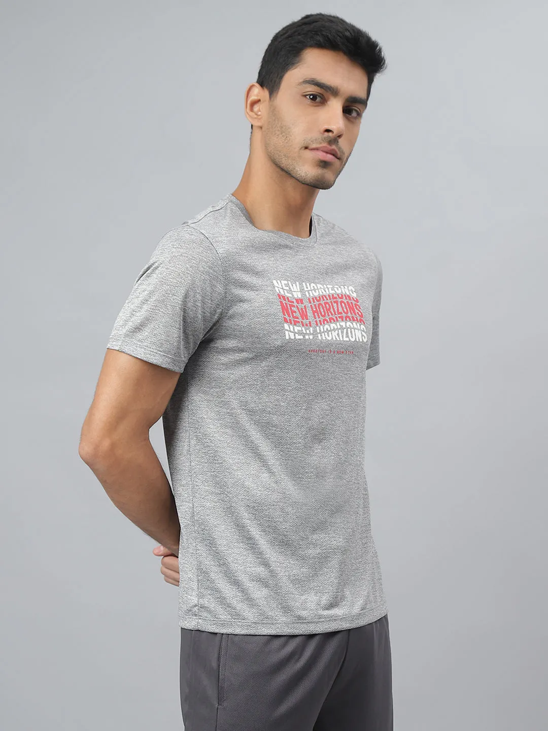 Alcis Men Printed Grey Cationic Anti-Static Slim-Fit Round Neck Training T-Shirt