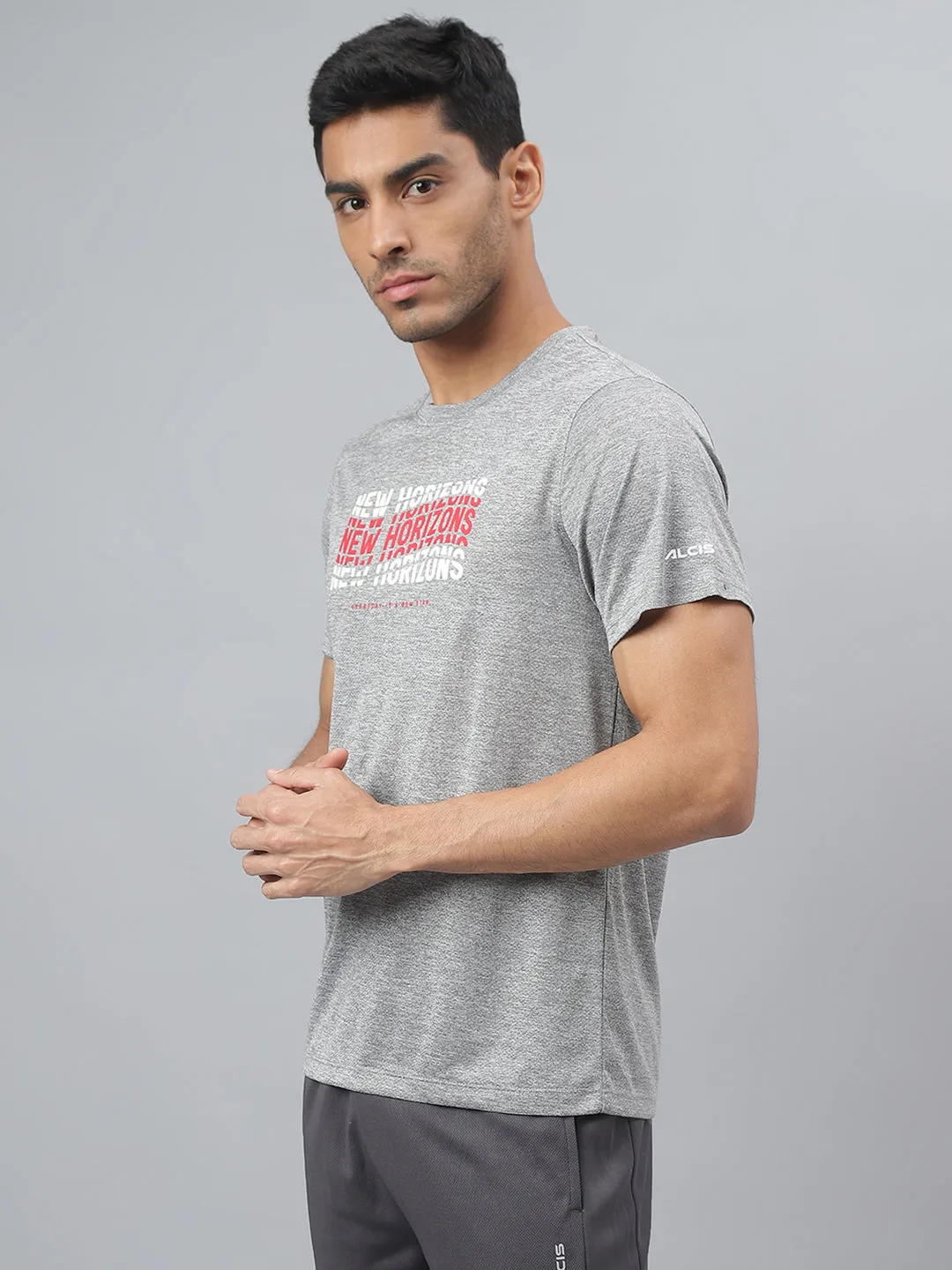 Alcis Men Printed Grey Cationic Anti-Static Slim-Fit Round Neck Training T-Shirt