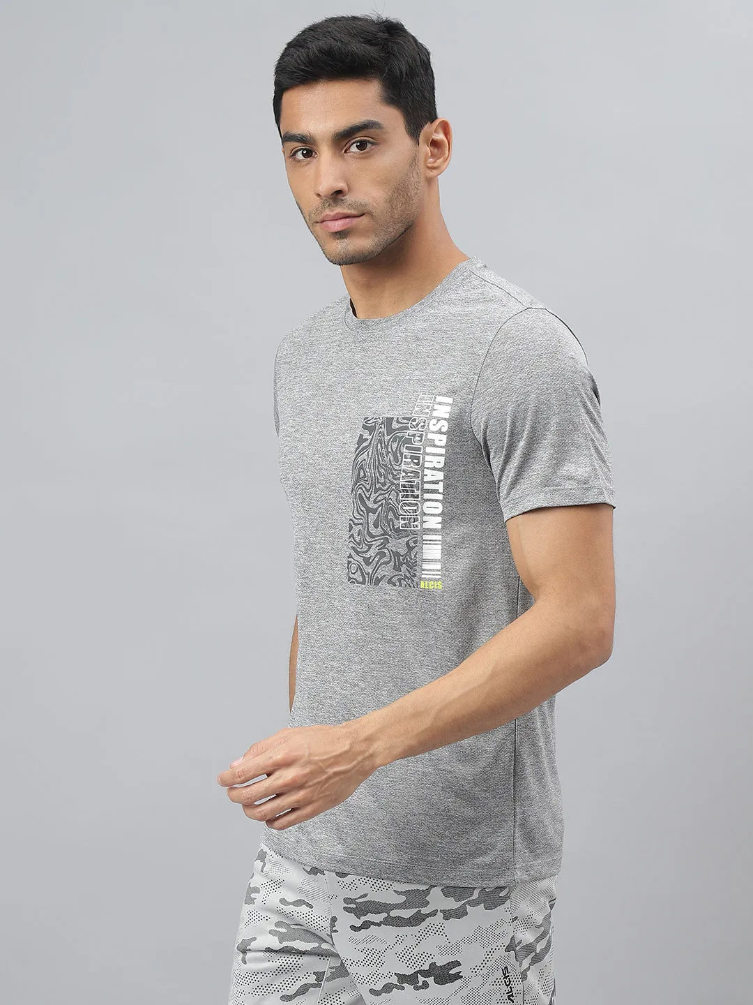 Alcis Men Printed Grey Cationic Anti-Static Slim-Fit Round Neck Training T-Shirt