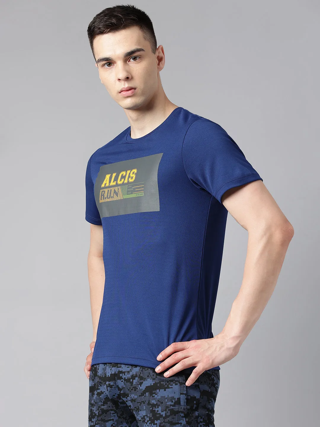 Alcis Men's Printed Navy Anti-Static Drytech  Slim-Fit Training Tee