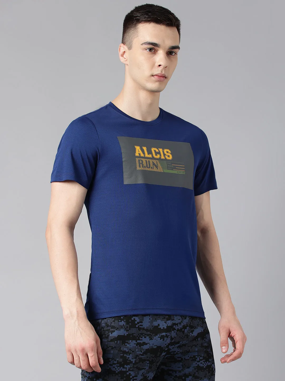 Alcis Men's Printed Navy Anti-Static Drytech  Slim-Fit Training Tee