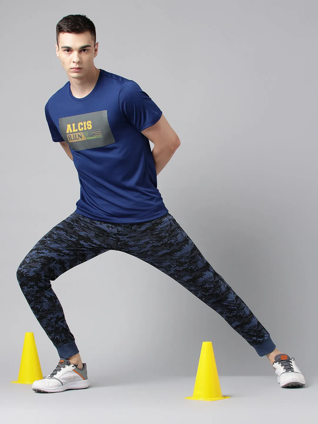 Alcis Men's Printed Navy Anti-Static Drytech  Slim-Fit Training Tee