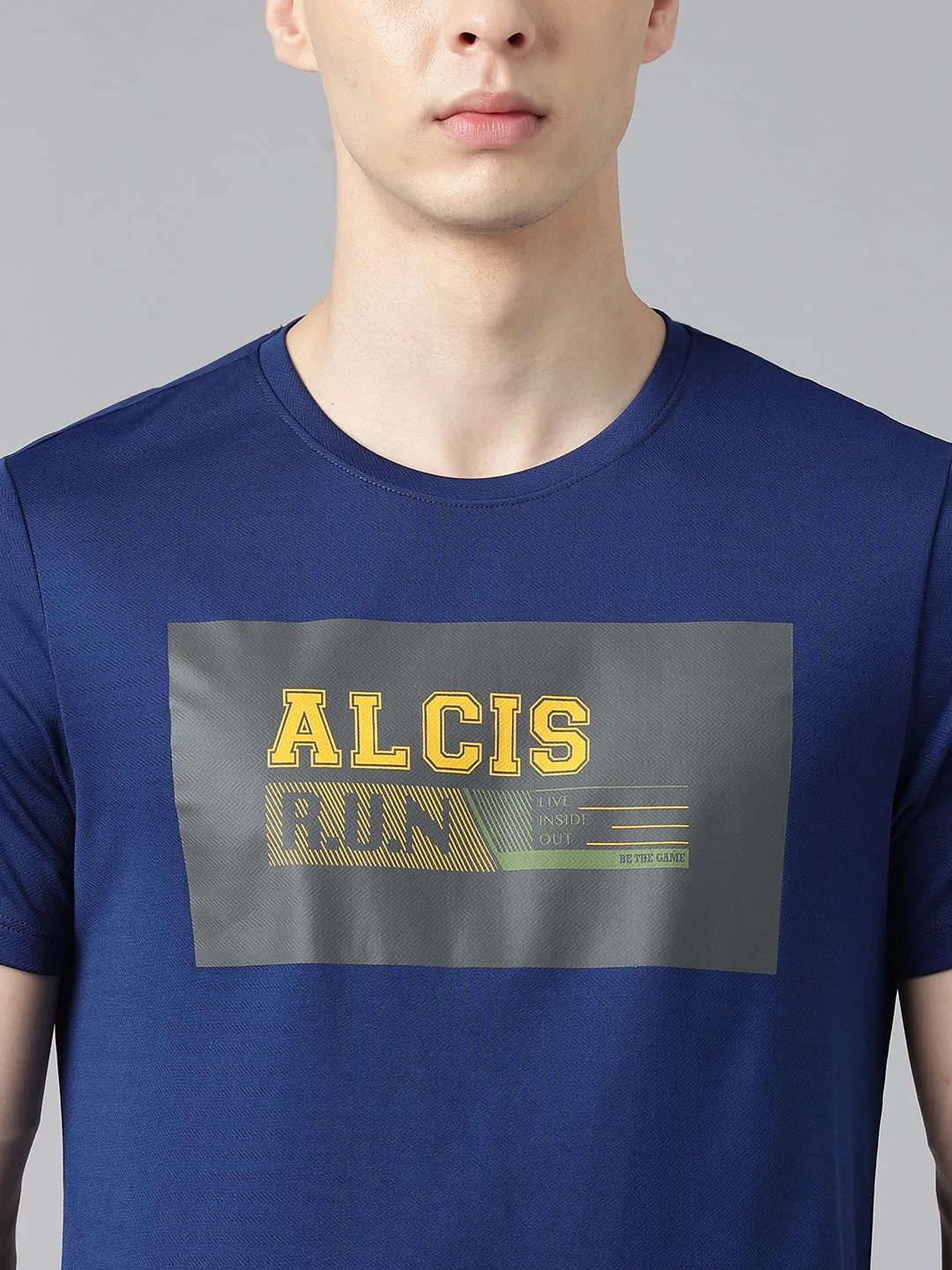 Alcis Men's Printed Navy Anti-Static Drytech  Slim-Fit Training Tee