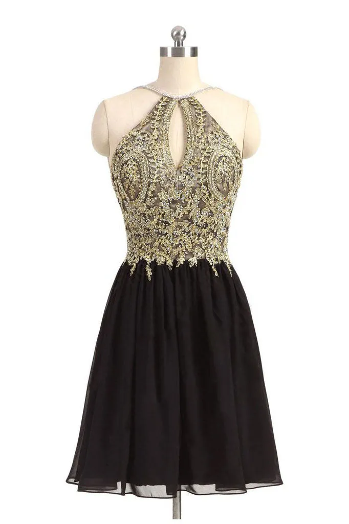 Black Chiffon Gold Beading Lace Halter Backless Homecoming Dress For Teens OK373