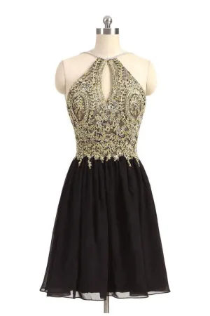 Black Chiffon Gold Beading Lace Halter Backless Homecoming Dress For Teens OK373
