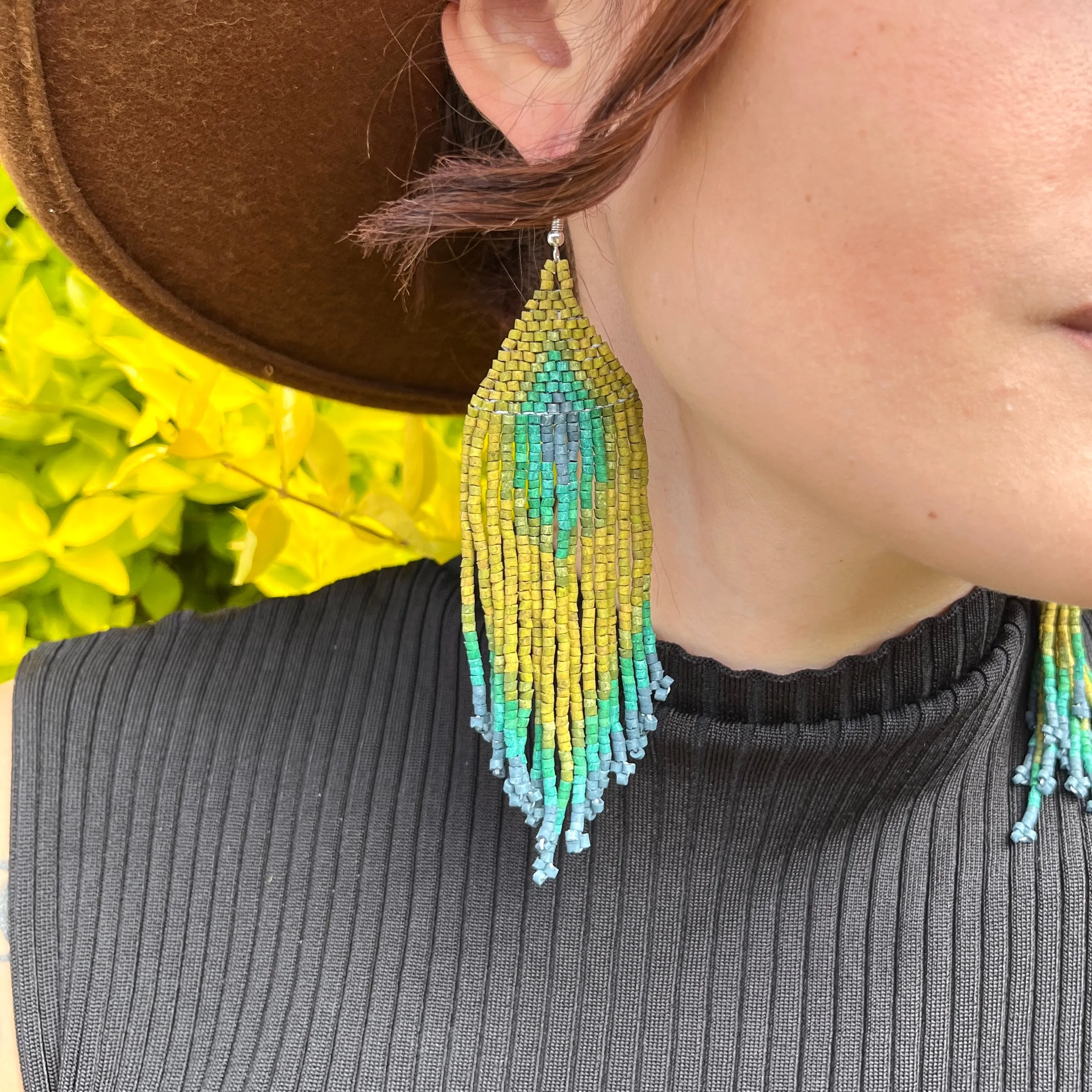 Boho Chic Earrings with Fringes in Natural Stone Ceramic