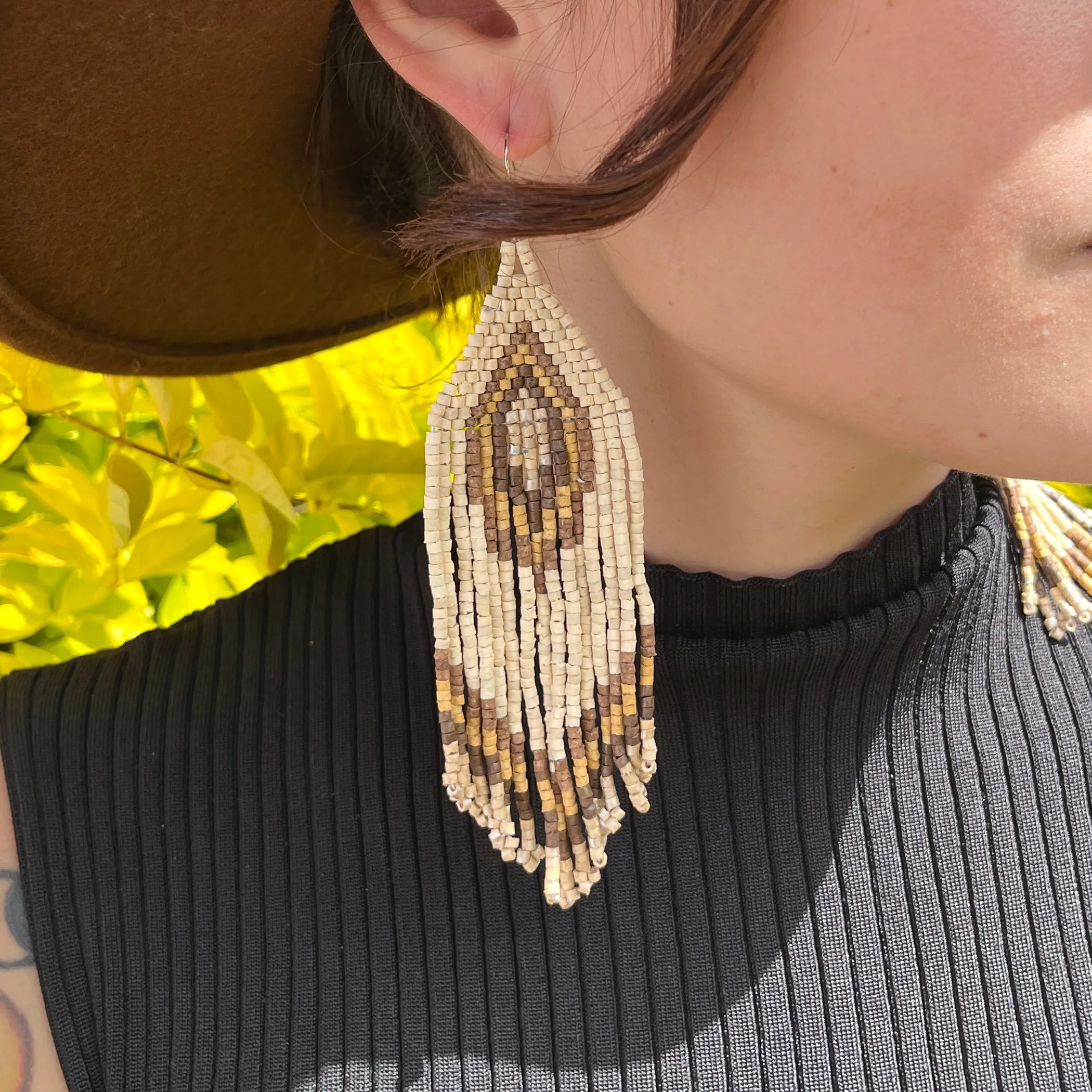 Boho Chic Earrings with Fringes in Natural Stone Ceramic