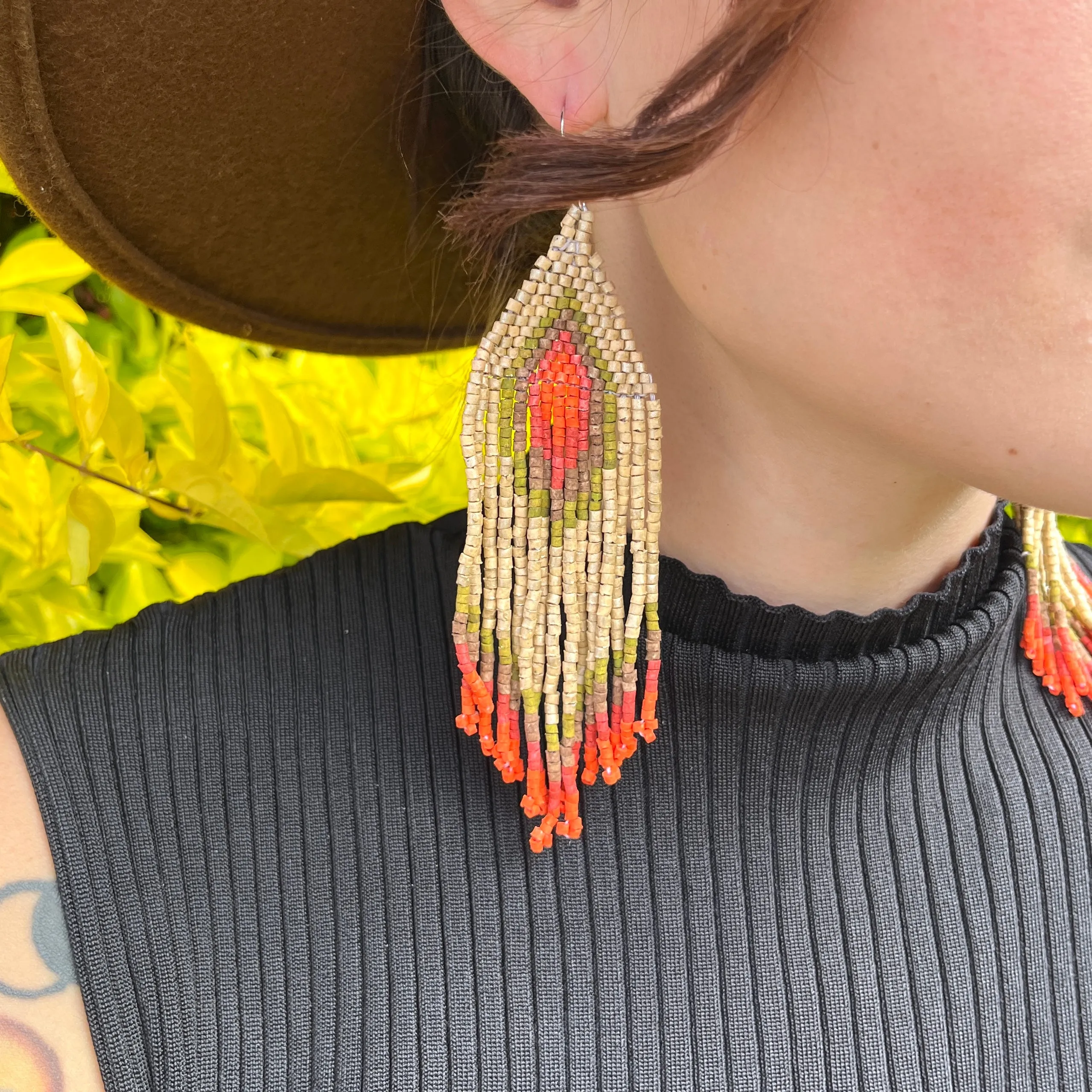 Boho Chic Earrings with Fringes in Natural Stone Ceramic