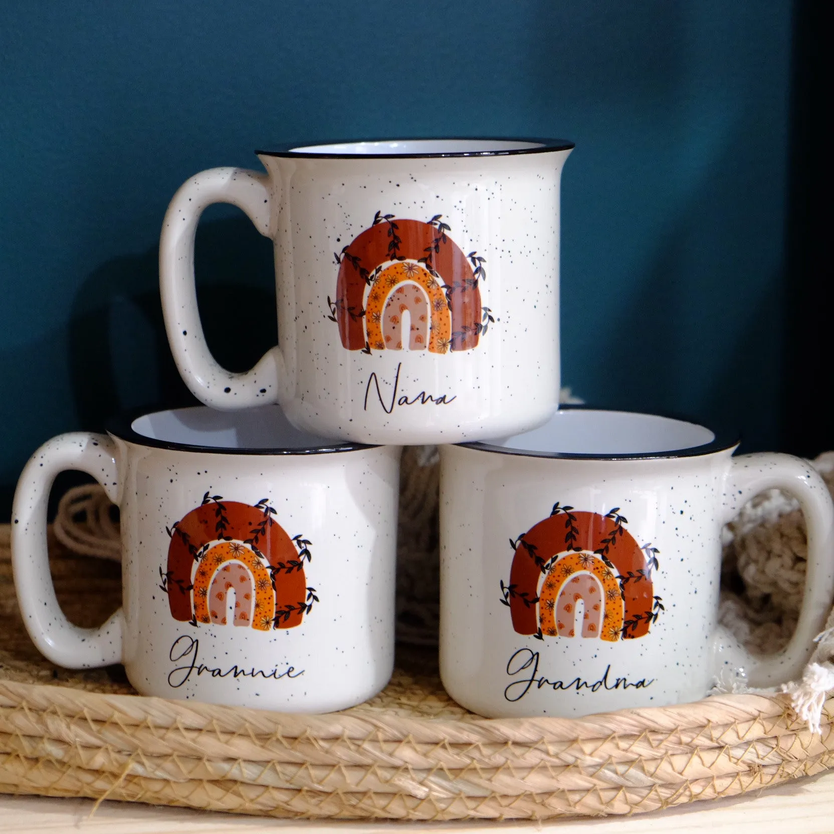 Ceramic speckled mug 400ml - Boho rainbow custom name