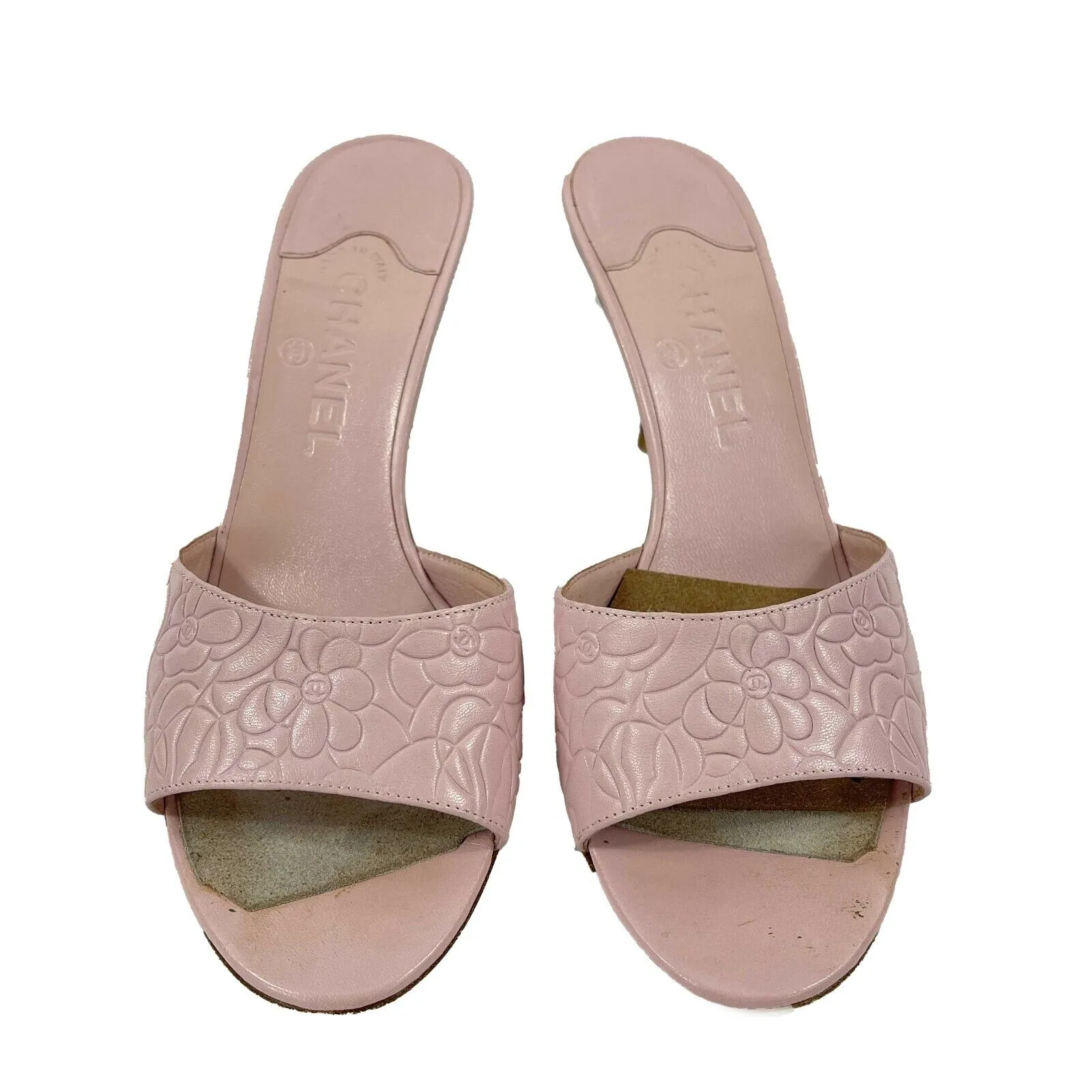 CHANEL - Camellia Print Open Toe Heels - Pale Pink - 40 US 10