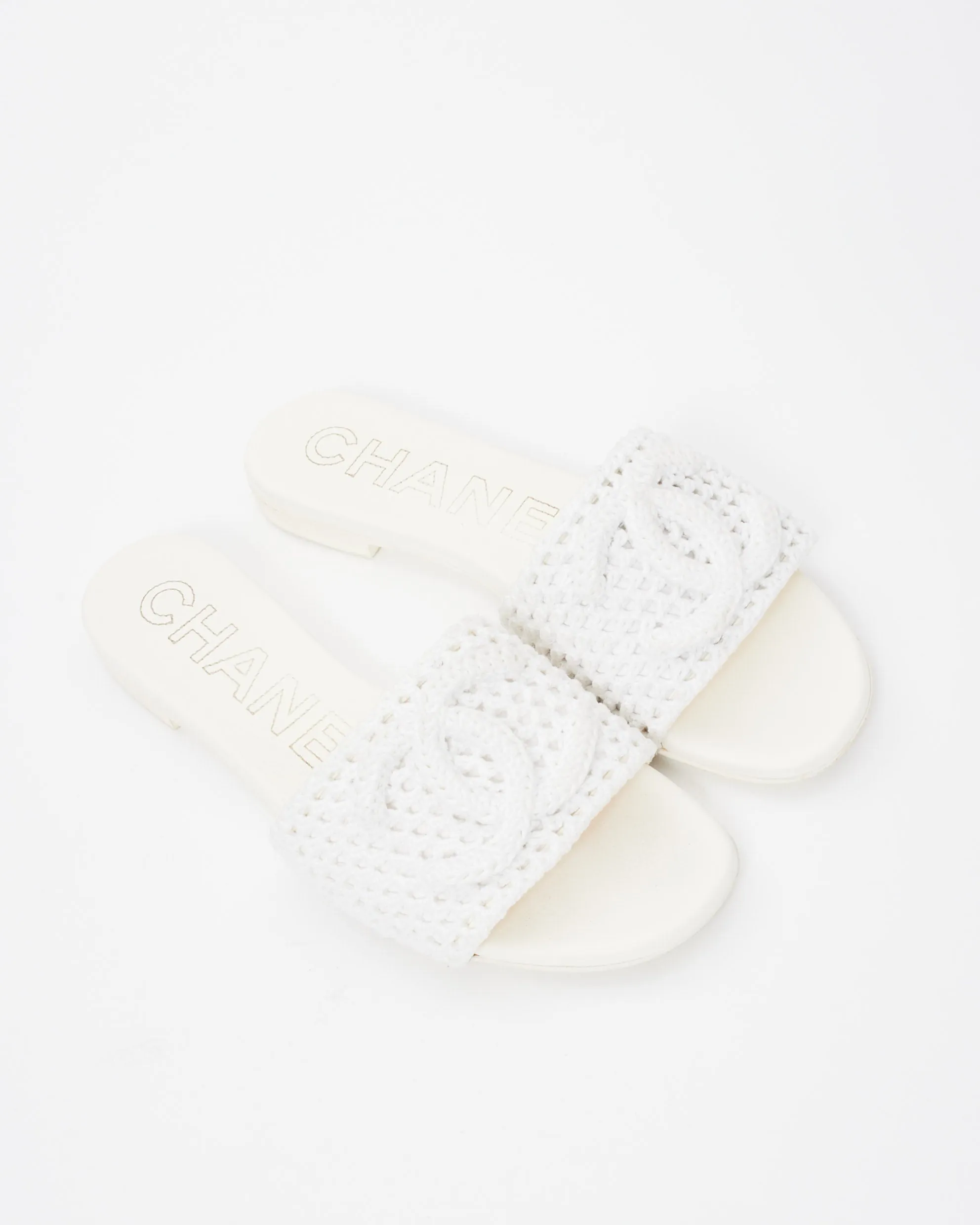 Chanel White Crochet Logo Coco Beach 24' Slides - 39.5