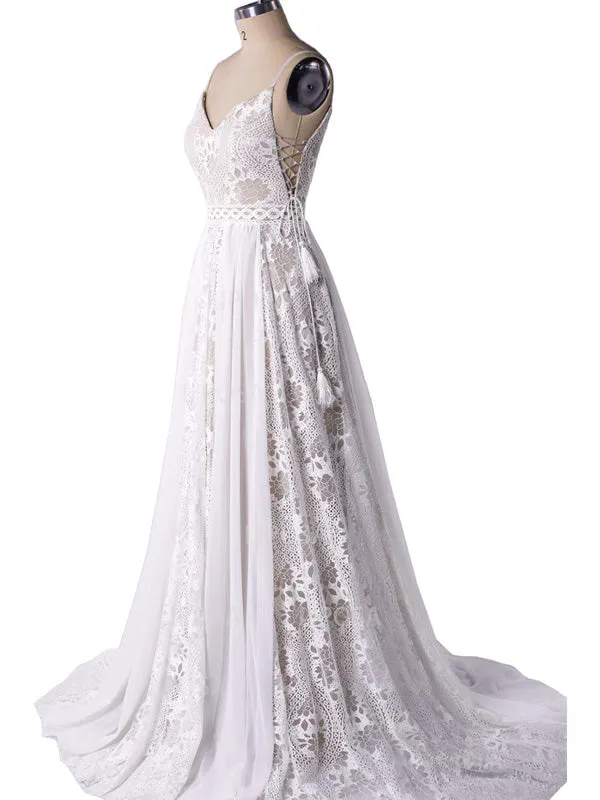 Charming Boho Spaghetti Strap A-line Lace Long Beach Wedding Dresses, WD0596