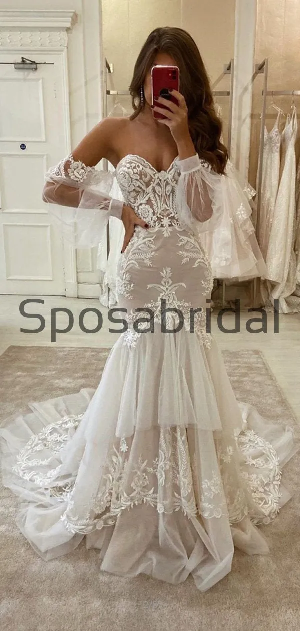 Charming Mermaid Lace Vintage Country Modest Wedding Dresses WD0424