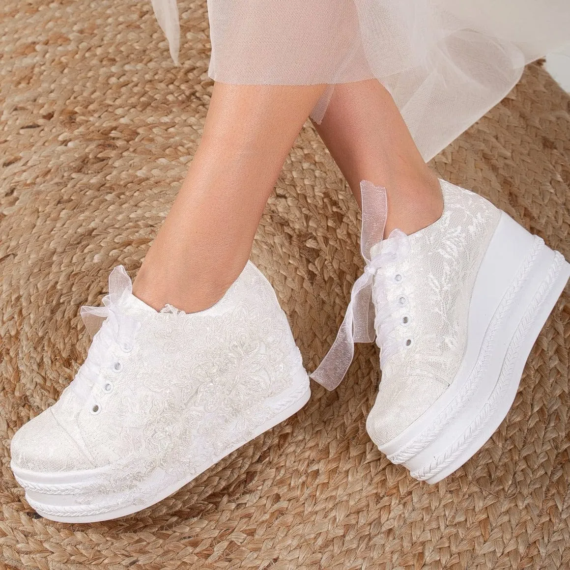 Claudine Lace High Heel Wedding Sneakers | Ivory