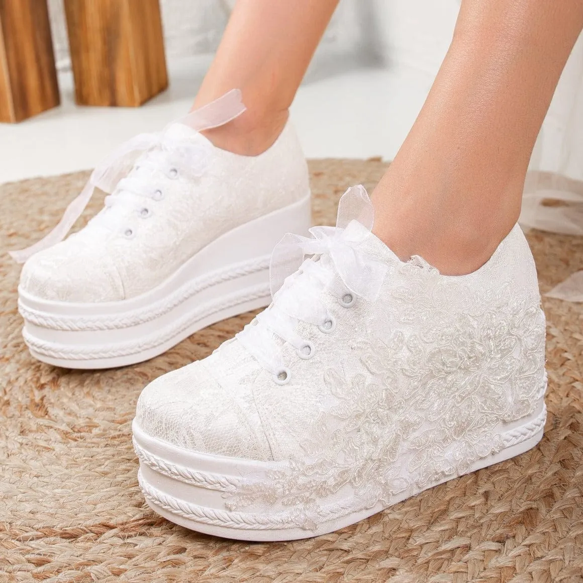 Claudine Lace High Heel Wedding Sneakers | Ivory