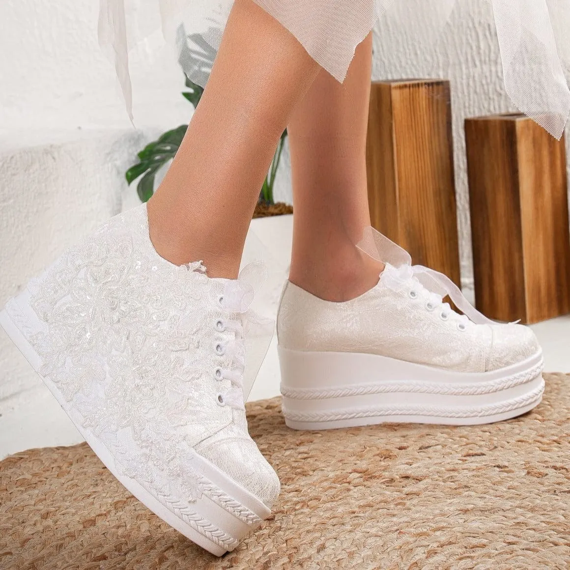Claudine Lace High Heel Wedding Sneakers | Ivory