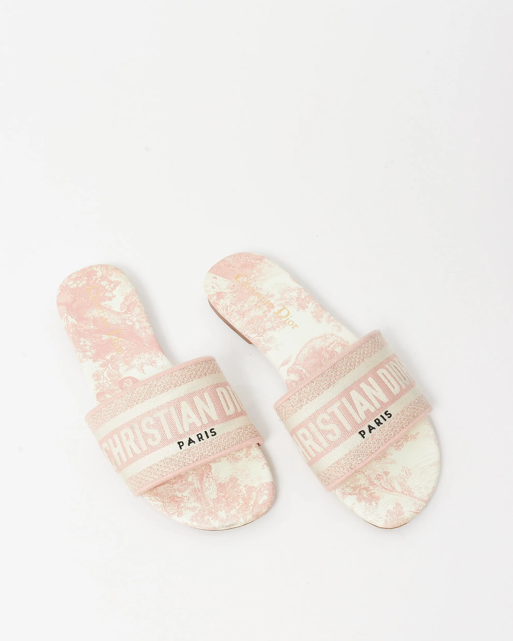 Dior Pink Embroidered Cotton and Toile de Jouy Motif DWay Slides - 36