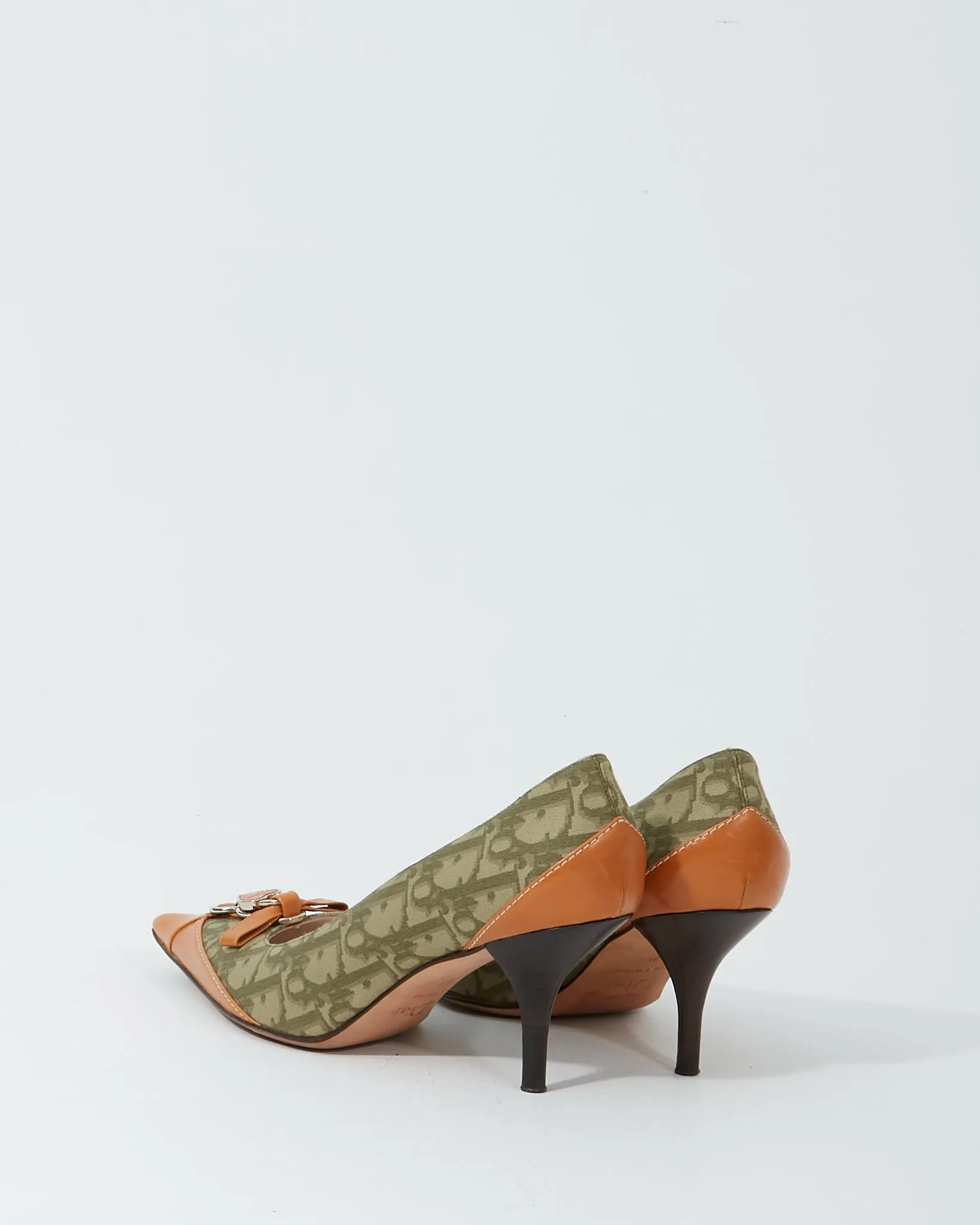Dior Vintage Green/Tan Canvas & Leather Point Toe Pumps - 38.5