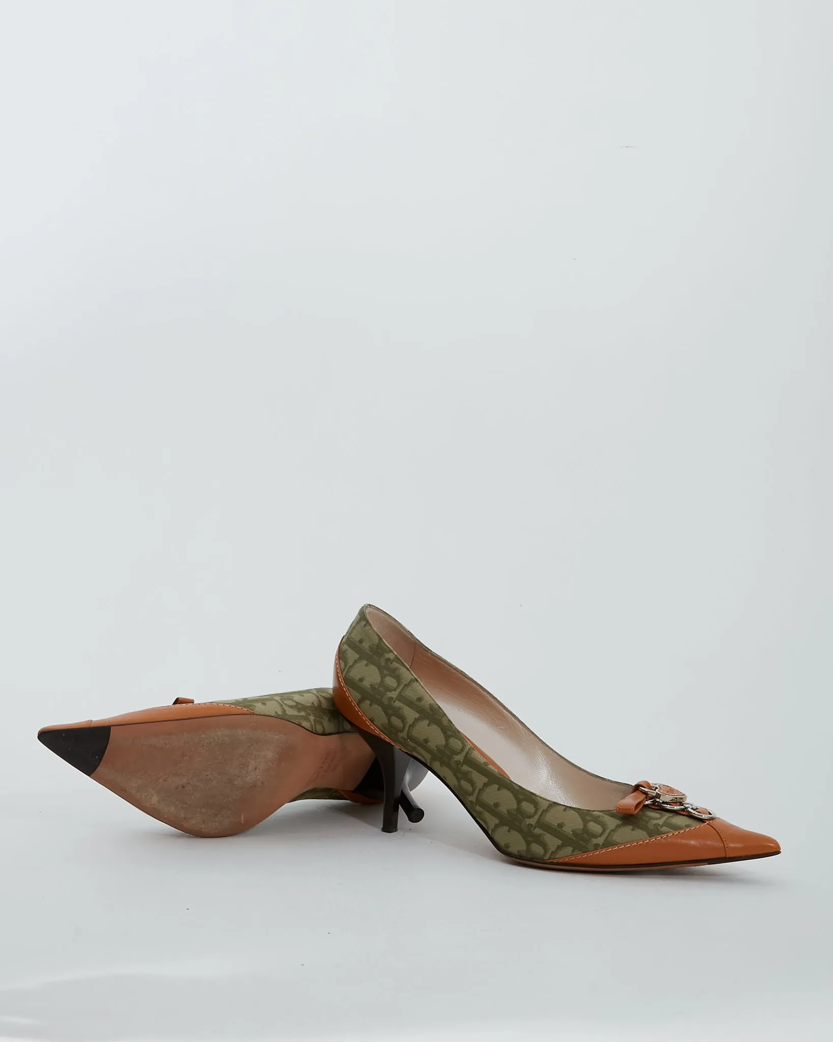 Dior Vintage Green/Tan Canvas & Leather Point Toe Pumps - 38.5