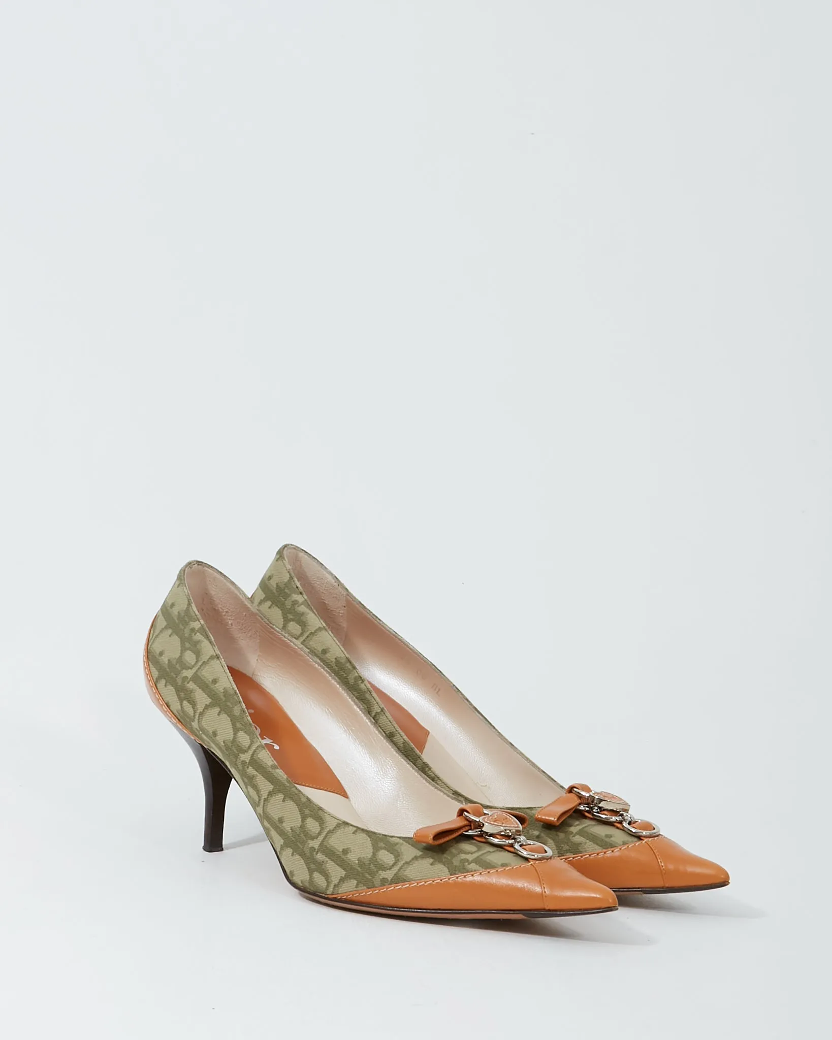 Dior Vintage Green/Tan Canvas & Leather Point Toe Pumps - 38.5