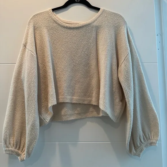 Dress Forum Cropped Knit Sweater Cream Balloon Sleeve Soft Cozy Pullover fall M