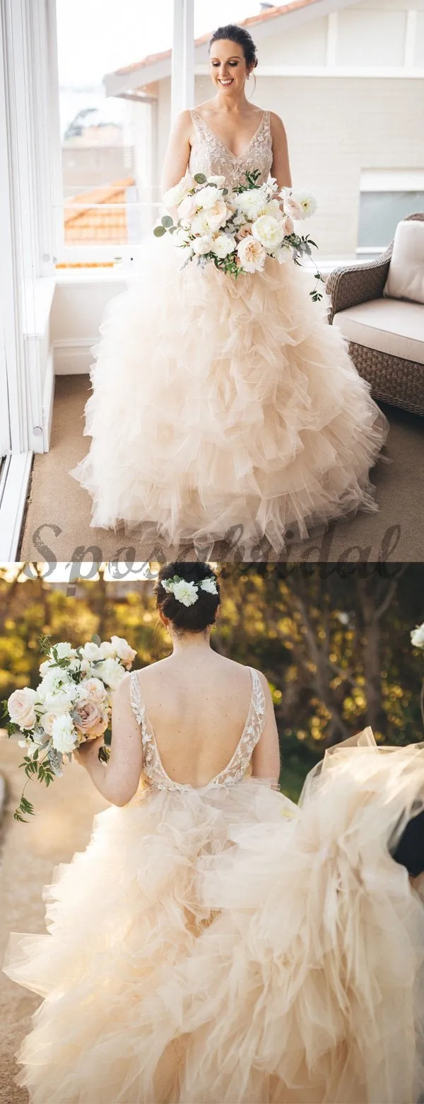 Gorgeous Lace V-neck Ruffles Tulle Ball Gown Wedding Dresses WD0362