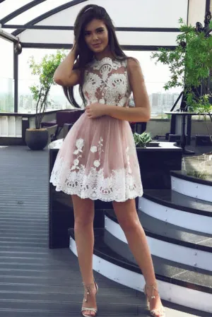High Fashion A-Line Bateau Tulle Short Homecoming Dresses with White Lace,Prom Dresses OK329