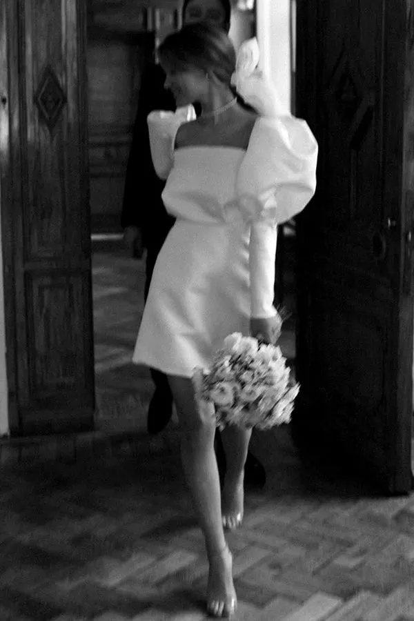 Ivory Puff Sleeves Short Wedding Dress Vintage Wedding Gown TD0007