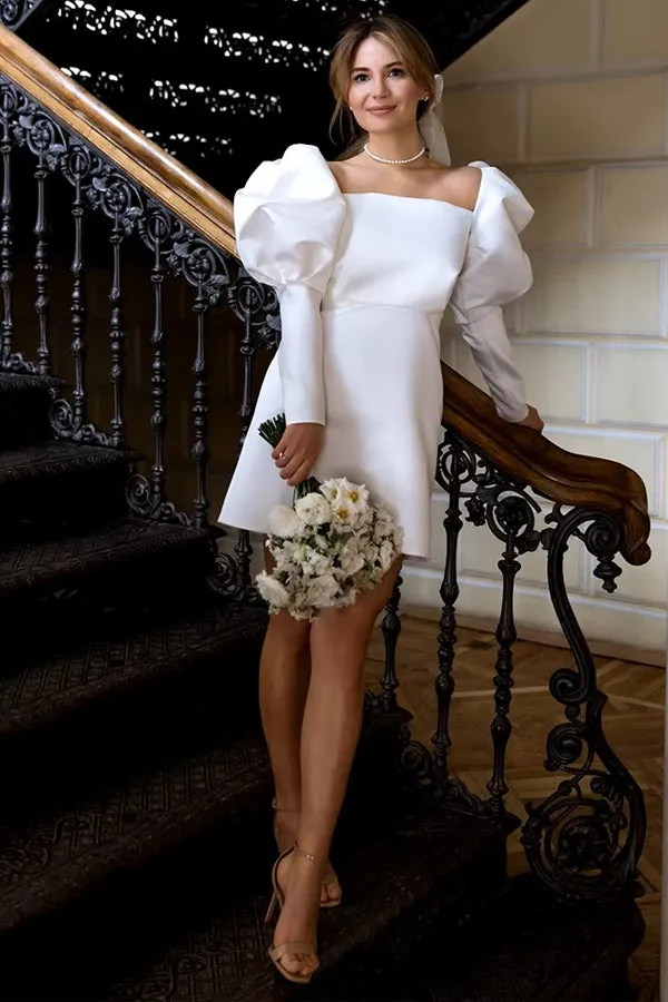 Ivory Puff Sleeves Short Wedding Dress Vintage Wedding Gown TD0007