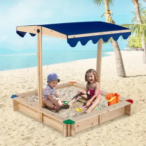 Kids Wooden Sandbox with Height Adjustable Rotatable Canopy Playset