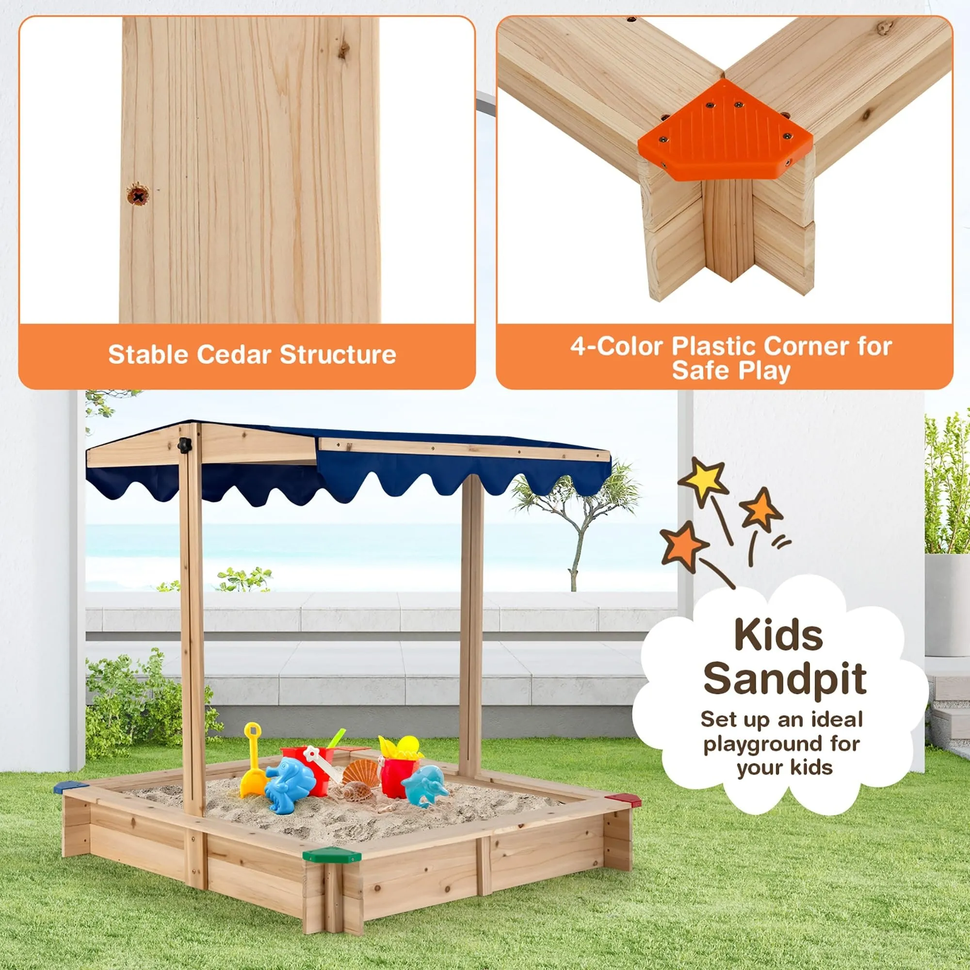 Kids Wooden Sandbox with Height Adjustable Rotatable Canopy Playset
