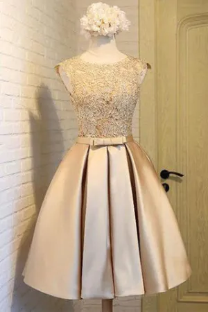 Light Gold Satins Lace Round Neck Homecoming Dresses With Bownot OK342