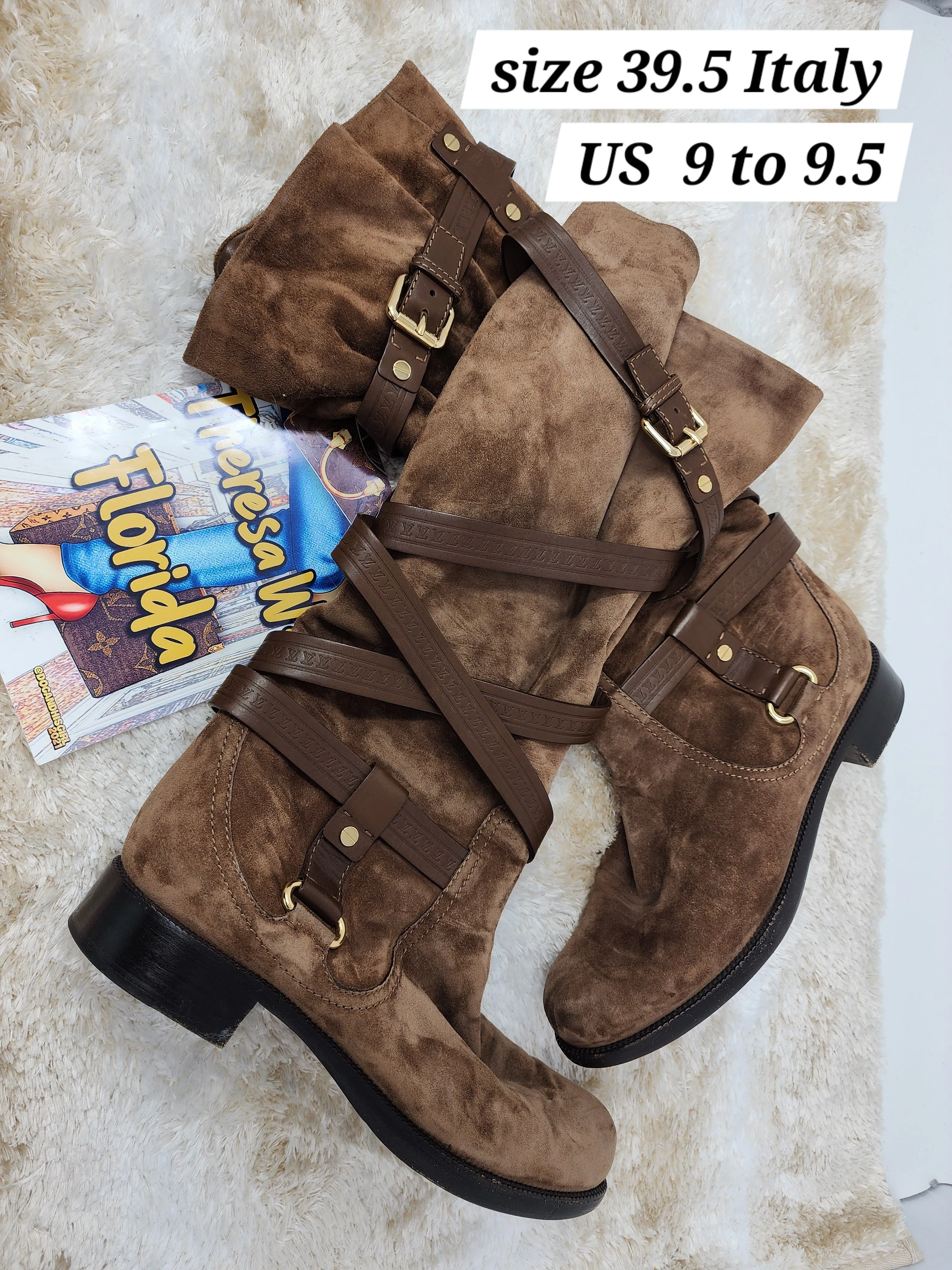 LOUIS VUITTON BROWN SUEDE CRISS CROSS BUCKLE BOOTS - 39.5
