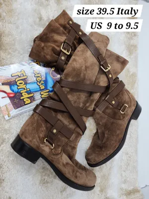 LOUIS VUITTON BROWN SUEDE CRISS CROSS BUCKLE BOOTS - 39.5