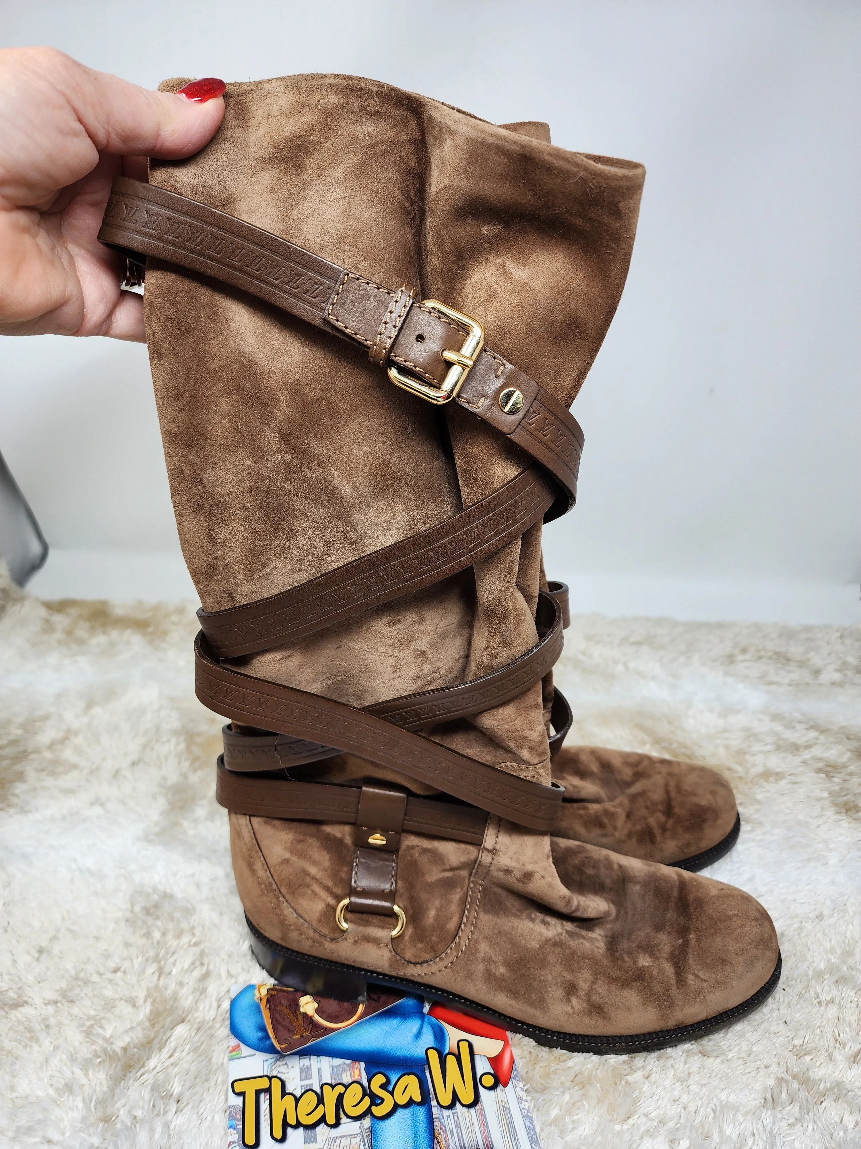 LOUIS VUITTON BROWN SUEDE CRISS CROSS BUCKLE BOOTS - 39.5