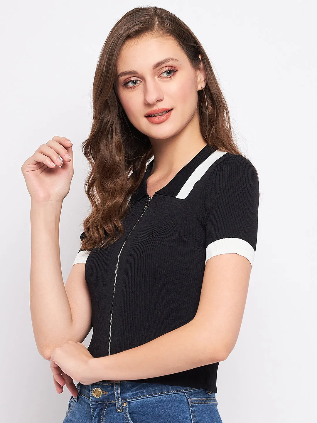 Madame Black Shirt Collar Knit Crop Top
