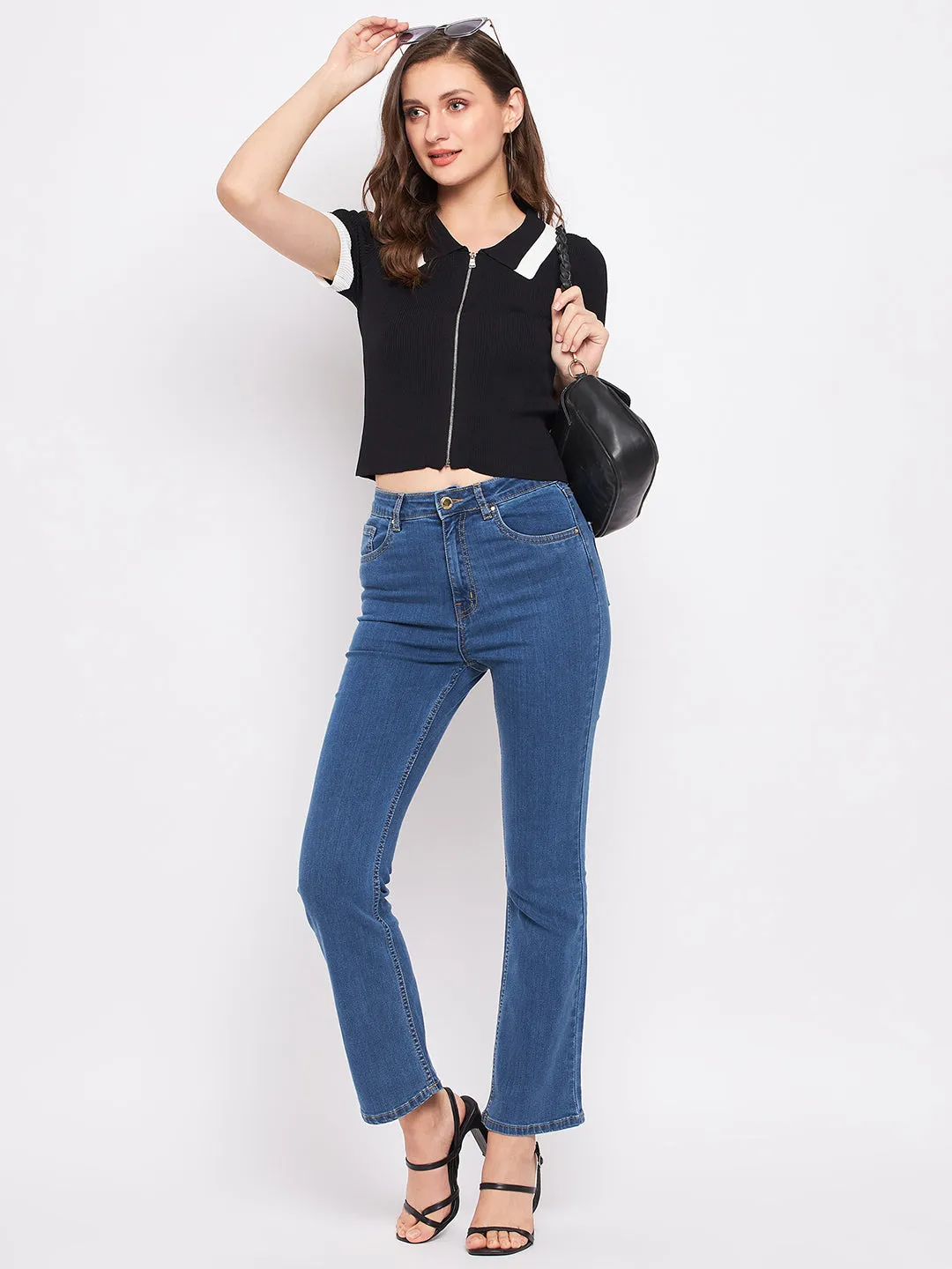Madame Black Shirt Collar Knit Crop Top