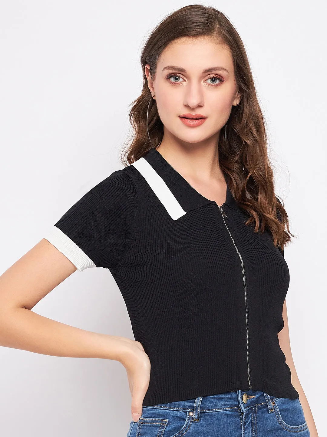 Madame Black Shirt Collar Knit Crop Top