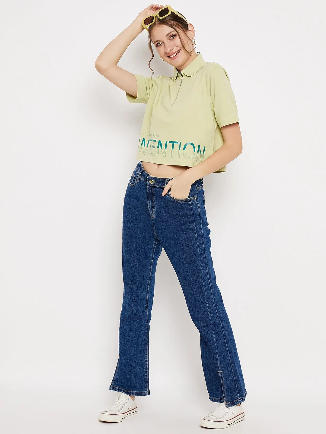 Madame Intention Crew-Neckline Green Top